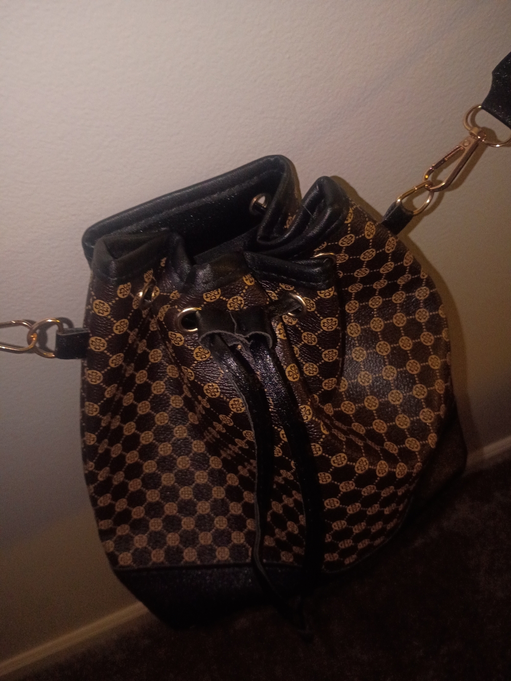 Women's Brown Patterned Drawstring Bucket Bag